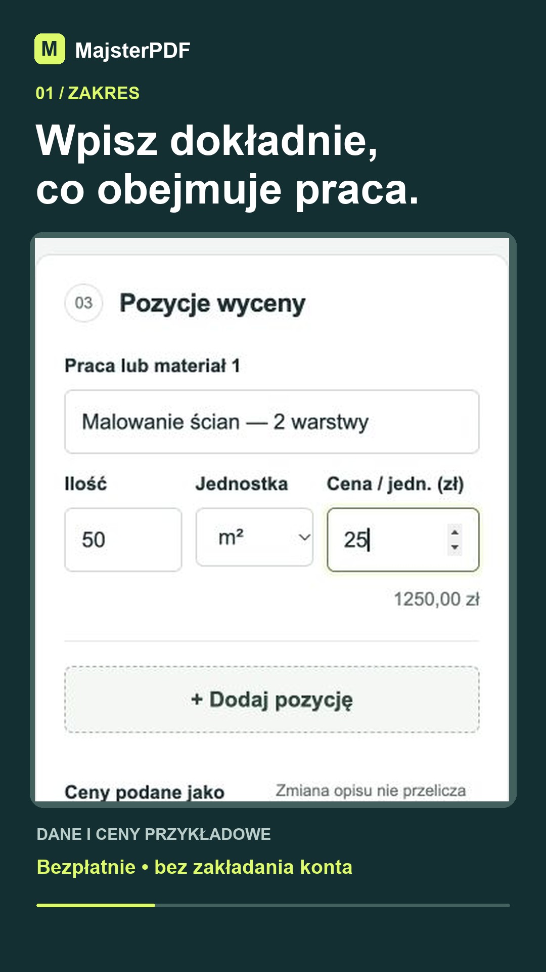 Kadr z pokazu: wpisywanie przykładowej pozycji malowania w generatorze MajsterPDF